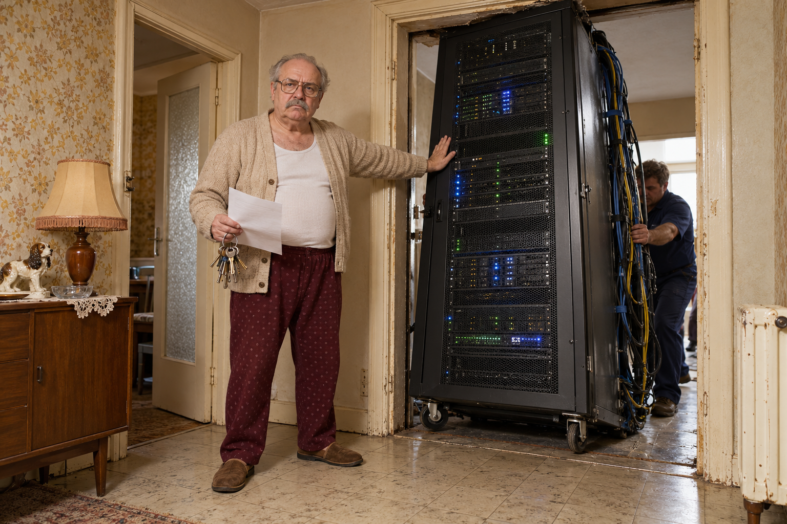 An unimpressed landlord in slippers stops an enormous AI server rack at his apartment door.