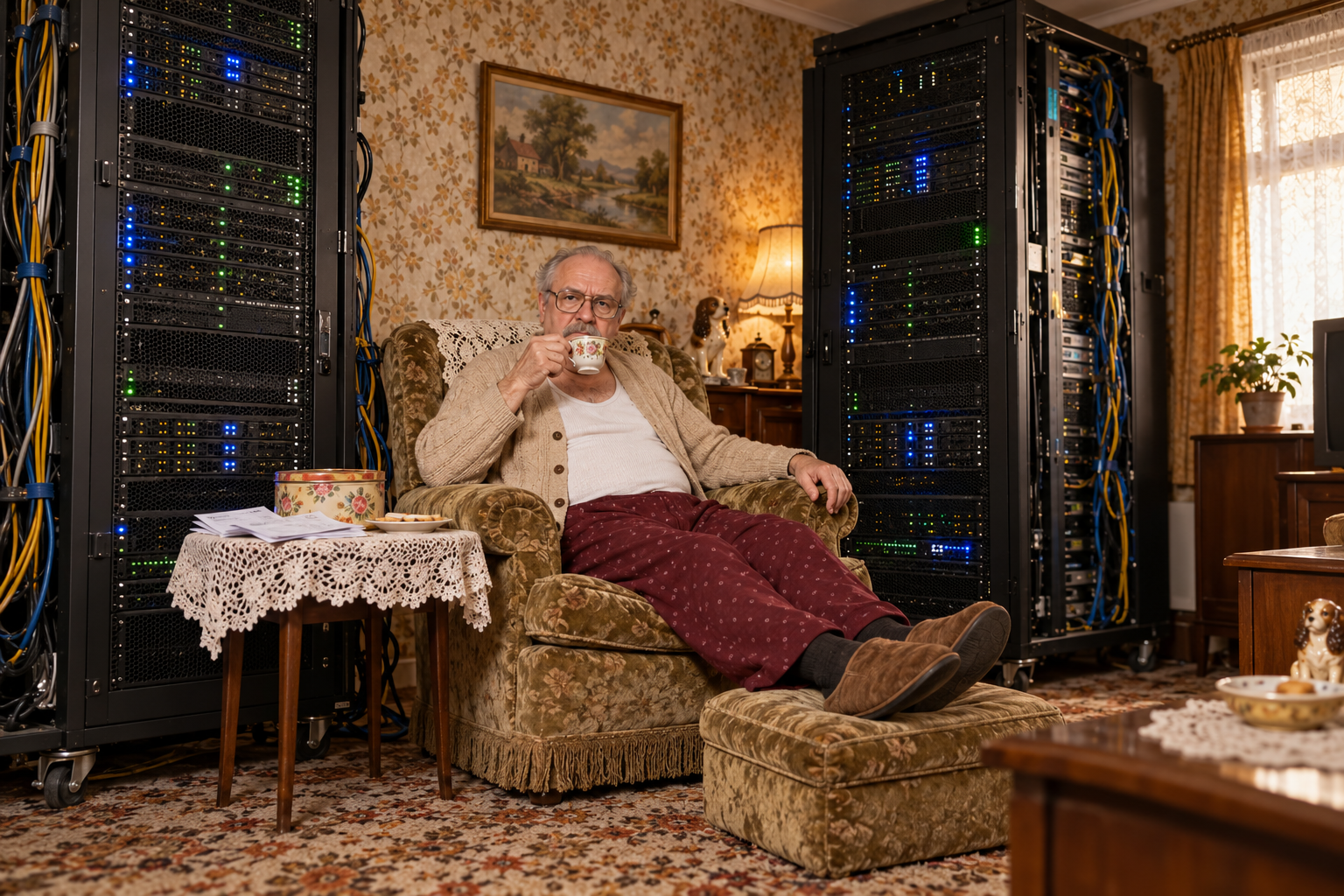 The same landlord calmly drinks tea in an armchair between two enormous server racks.